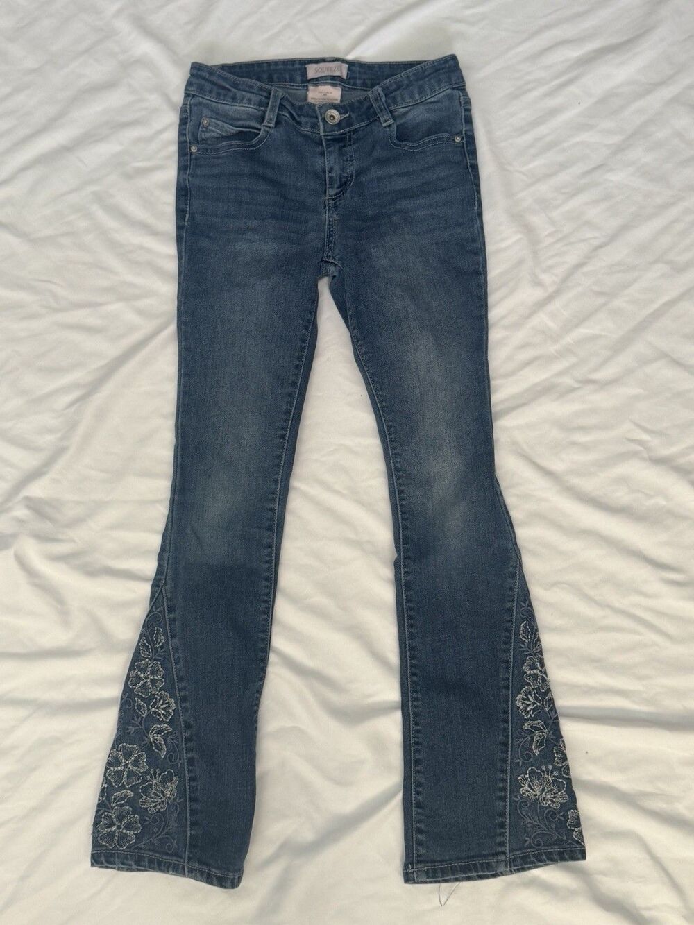Squeeze Girls Embroidered Flare Jeans Floral Godet Bell Bottom Boho Size 10